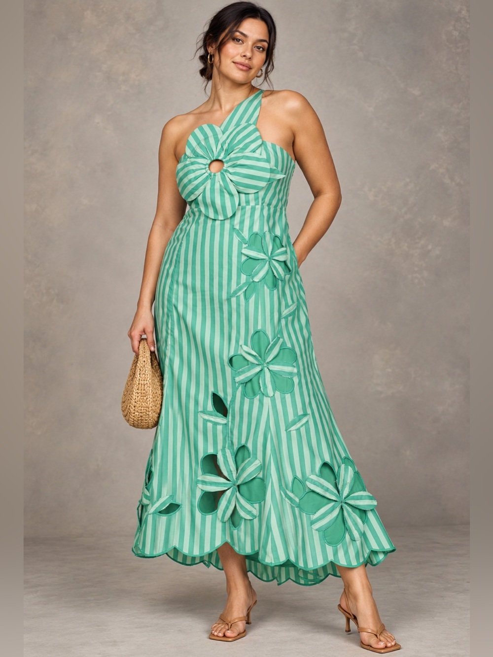 NWT Maeve Women's 2X Green and White Striped Halter Dress with Floral Appliqués